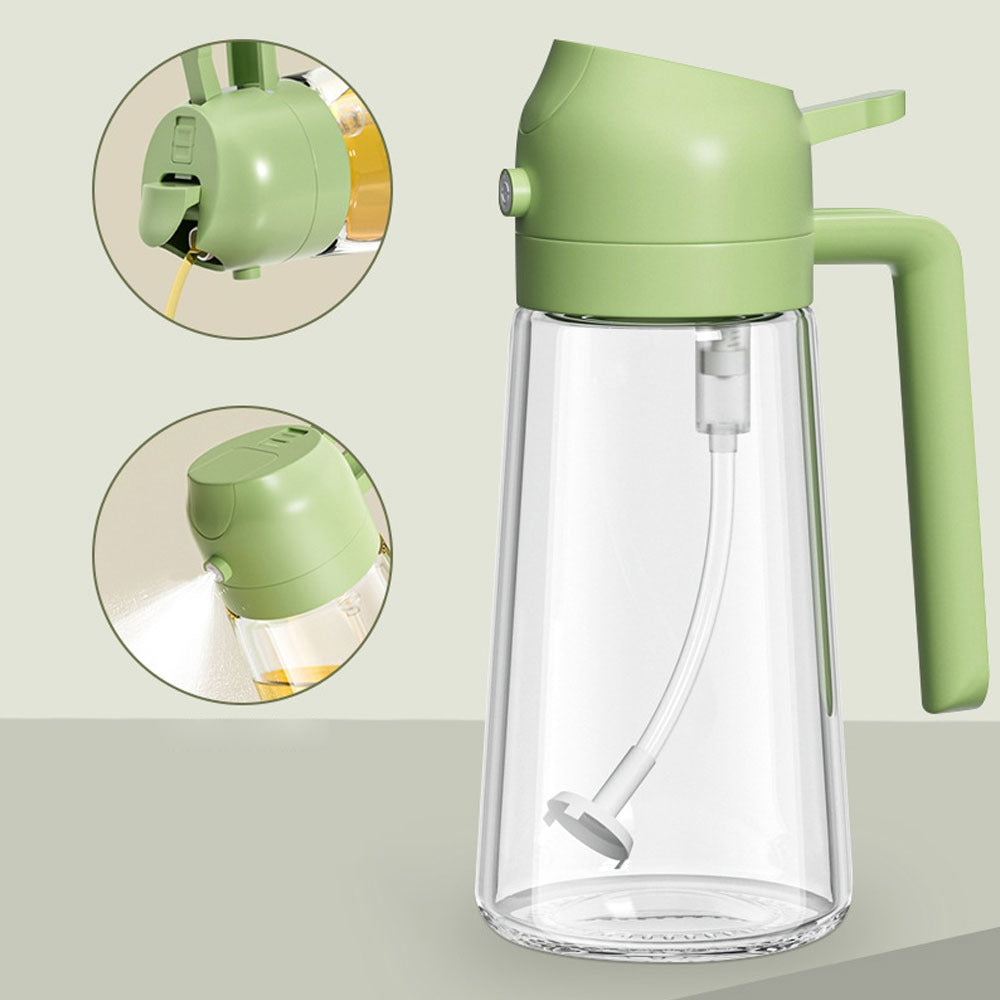 Green kitchen spray bottle with close-up insets on a light background