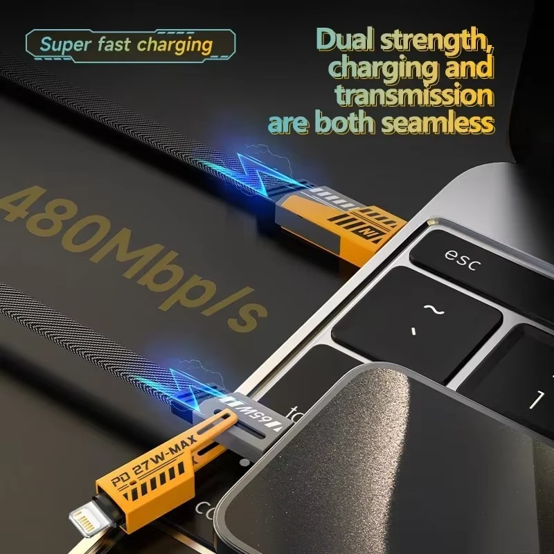 4-in-1 Fast Charging Cable – 65W Super Charge – Multicolor LED Magic Cable