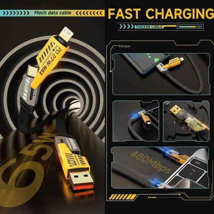 4-in-1 Fast Charging Cable – 65W Super Charge – Multicolor LED Magic Cable
